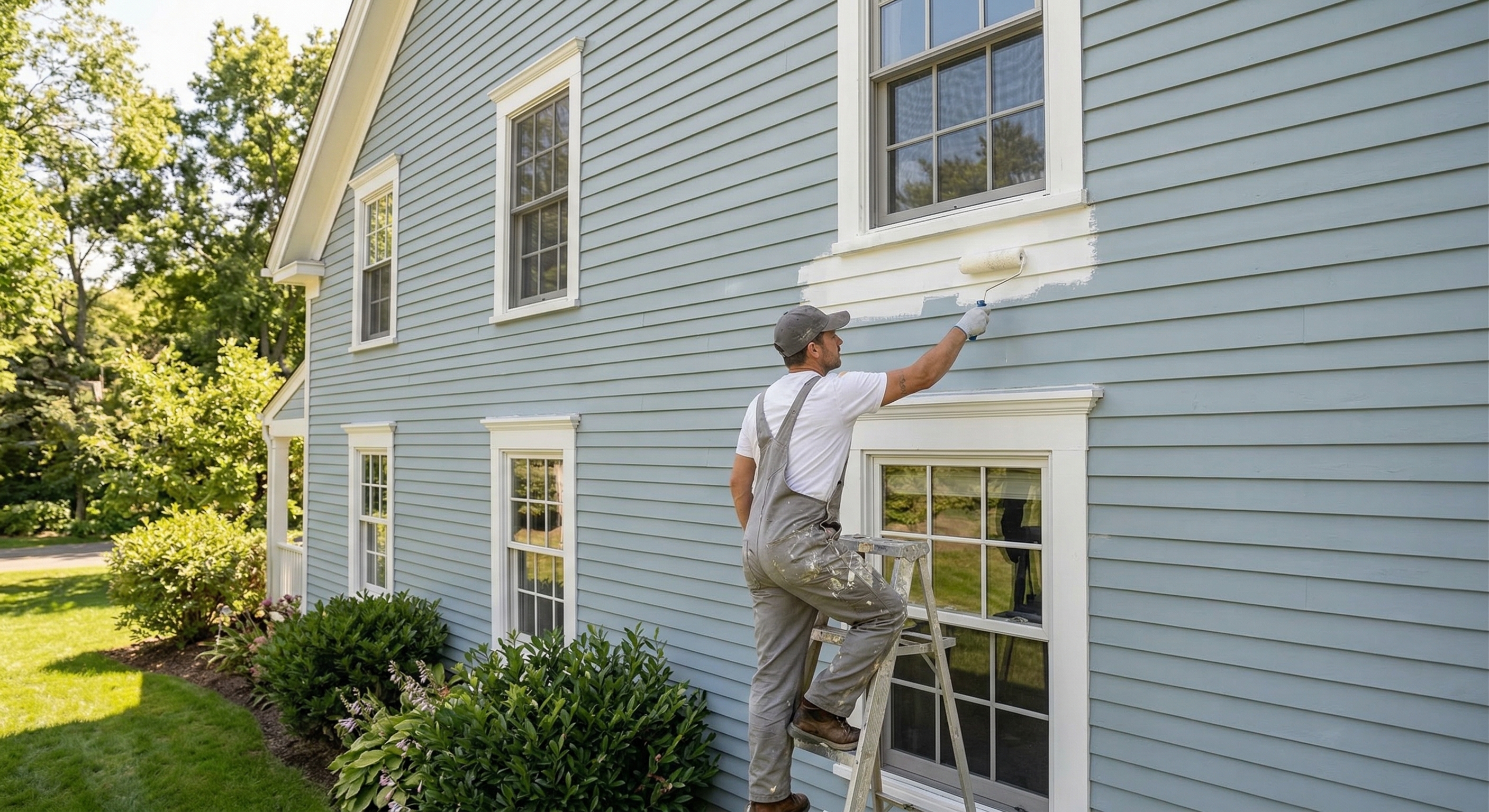 Person painting exterior of a house